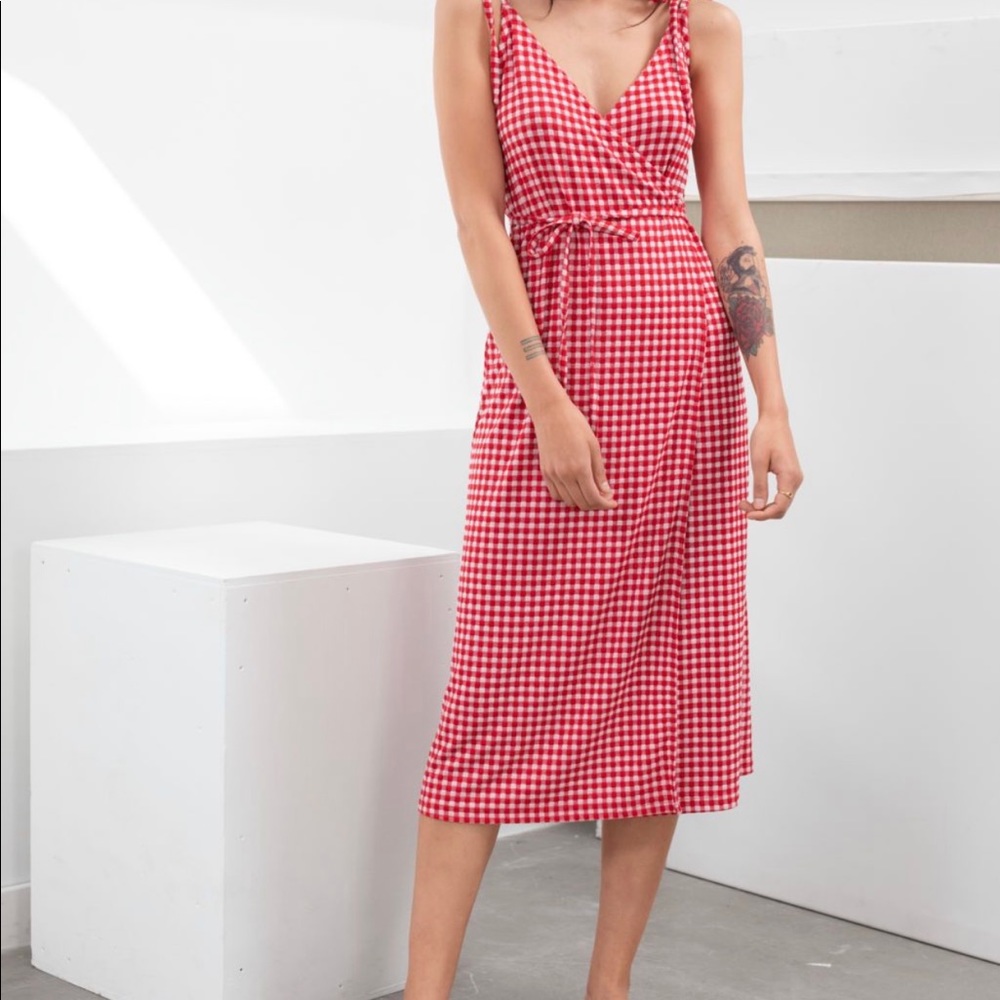 & Other Stories Red Gingham Tie-Strap Wrap Dress